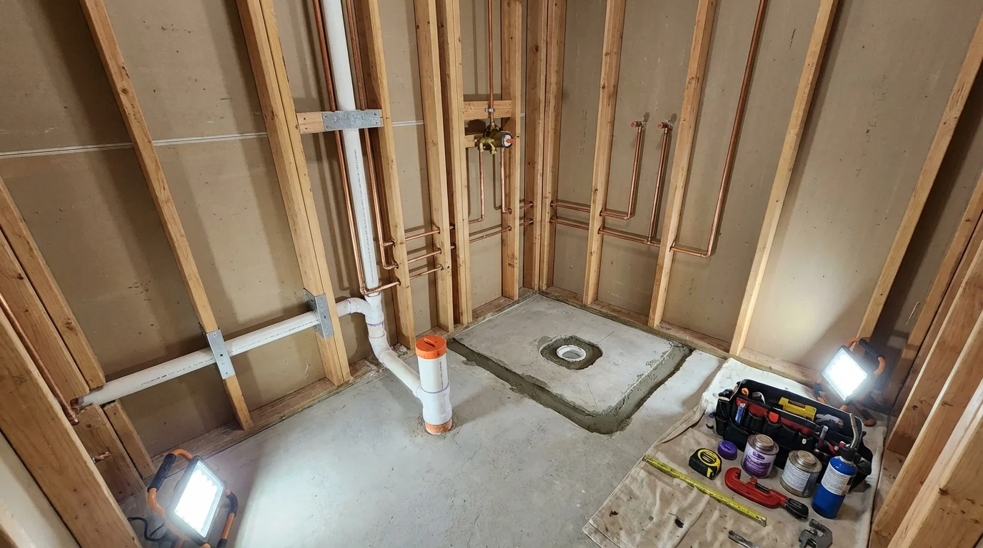 Bathroom rough-in plumbing during remodel by Johns Plumbing LLC in Sayreville