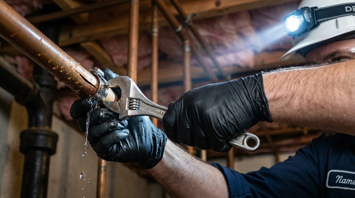Emergency pipe clamp repair being performed by a Johns Plumbing LLC plumber in Sayreville
