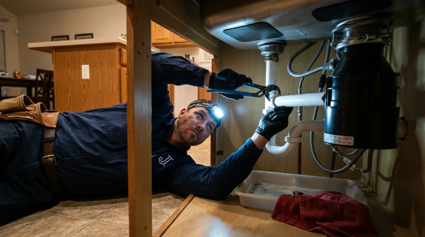 P-trap and supply line connections under a kitchen sink showing a common leak point in Sayreville, NJ